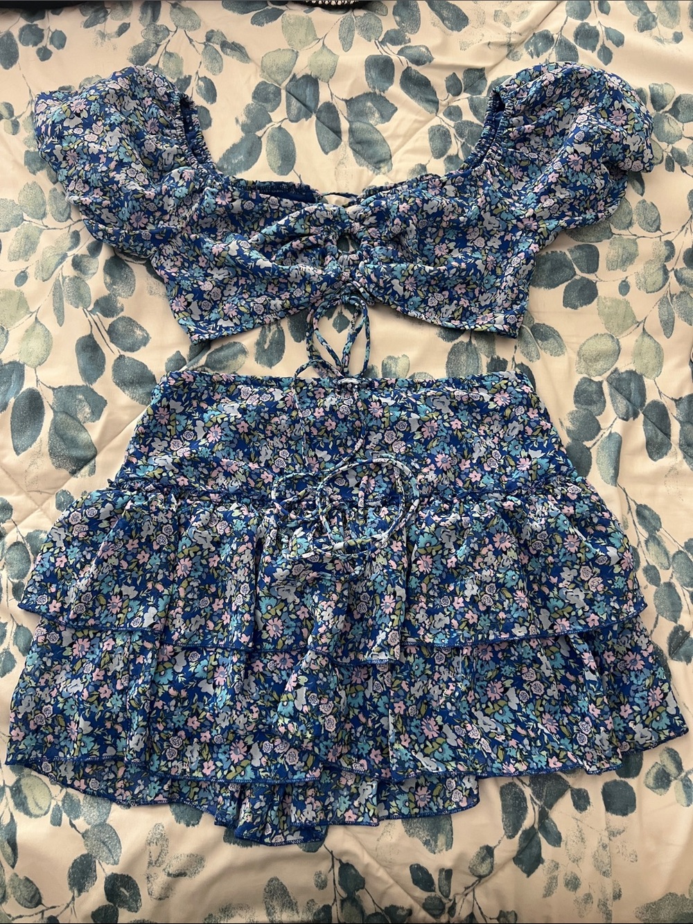 wild fable Blue Floral Puff Sleeve Crop Top & Tiered Skirt Set